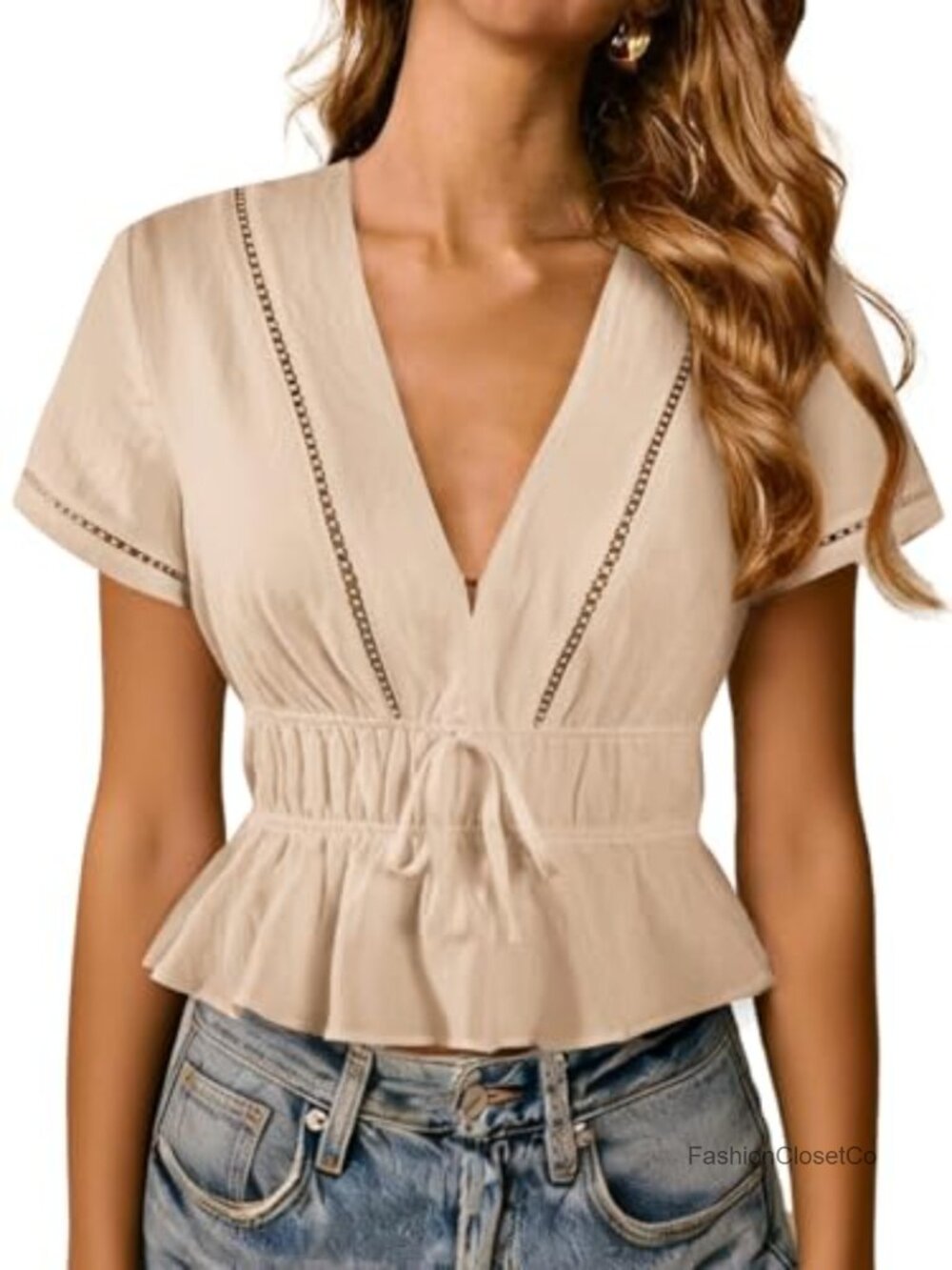 Women's Eyelet Trim V-Neck Peplum Blouse Polyester Short Sleeve
